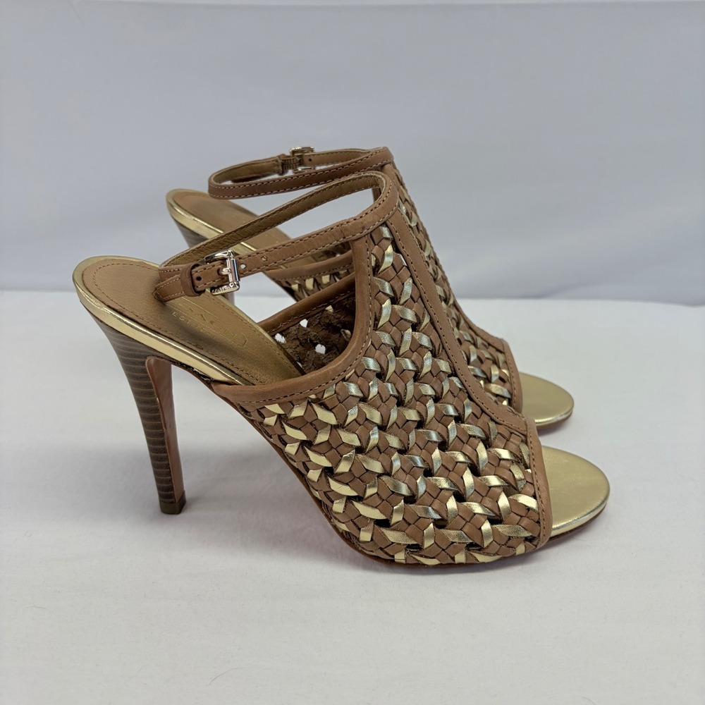 Coach Heeled Sandals Sling Back Womens 8 Brown Gold Woven Leather Dressy Glam